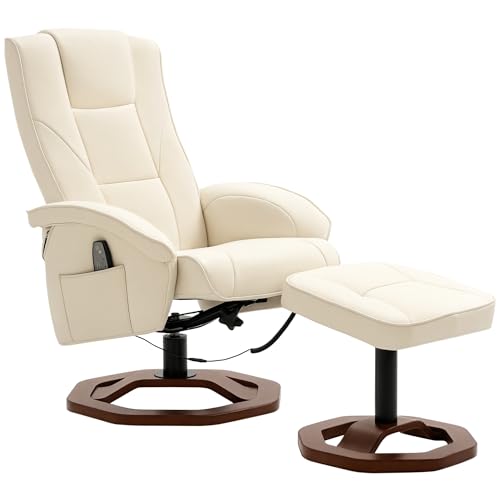 HOMCOM Massagesessel Relaxsessel mit Fußhocker Relaxliege Liegefunktion Fernsehsessel mit Massagefunktion 360° drehbar Liegesessel Stahl Kunstleder Cremeweiß+Braun 73 x 83 x 106 cm