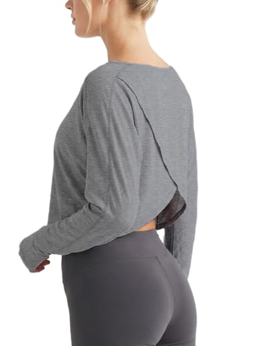 Sanutch Women’s Long Sleeve Split Back Cropped Yoga Top – Soft Athletic Shirt for Comfortable All-Day Wear Grey S