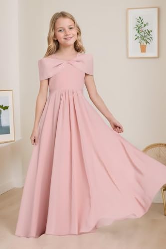 TIANMEI Cold Shoulder Junior Bridesmaid Dresses with Bow Chiffon Flower Girl Dresses for Wedding3