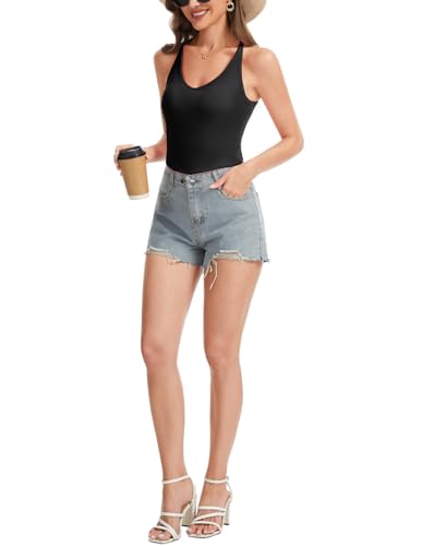 Ribbed Halter Tank Top with Built in Bra V Neck Bra Relaxed Racerback Fitted Basic Camisole Shirt Top for Women Sports Yoga Black - image 2