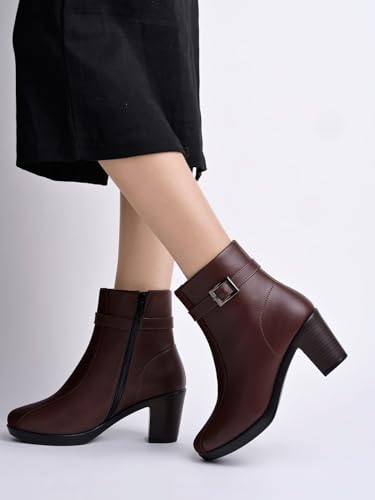 Image of Women's Faux Leather Ankle Boots with Mid Heel and Buckle Strap || Side Zipper Comfort Booties for Fall & Winter