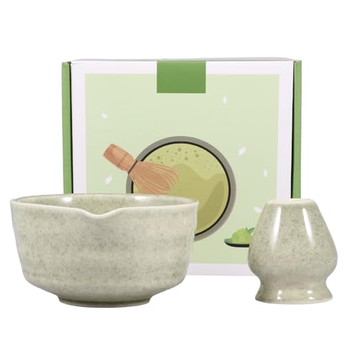 2 Teilige Japanische Matcha Schüssel aus Keramik mit Schneebesenhalter 500ML Chawan Einfach Liefert Schneebesen Teeschale Chawan Matcha Teeschale für Anfänger DIY Liebhaber Starter(Matcha Grün)