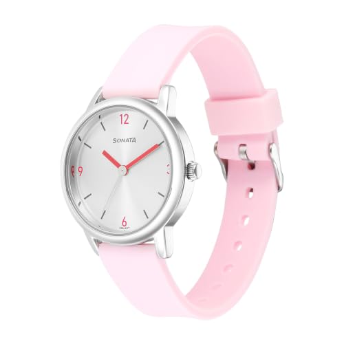 Image of Sonata Plain 3 Hands Metal Silver White Round Dial Pink-Silicon Spray Polyurethane Strap Mens Watch - 8172SP01