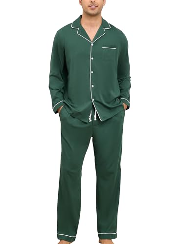 Veseacky Mens 100% Cotton Pajamas Set Long Sleeve Sleepwear Button Down Pjs Loungewear with Pockets