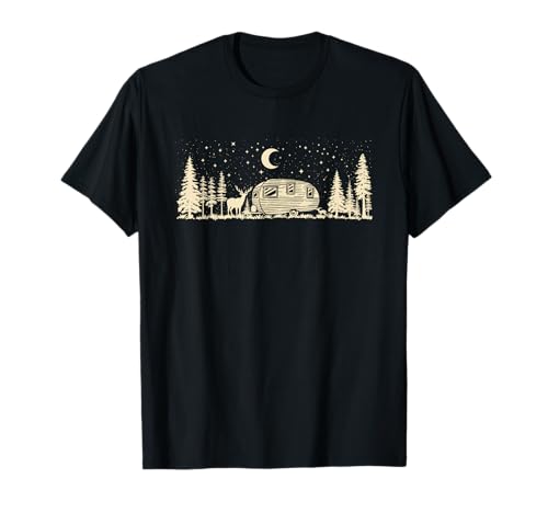 Camisa vintage Camper Elk Moon Pine Tree Stars Camping Nature Camiseta