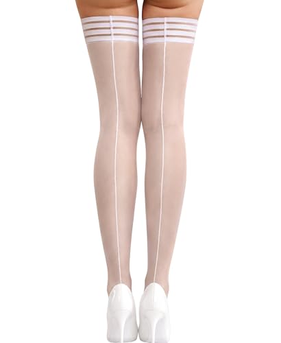 RSLOVE Womens Thigh High Stockings - 40D Antiskid Silicone Backseam Stockings Perfect for Daily & Party White