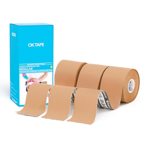 Image of OK TAPE Kinesiology Tape (3 Pack) Latex Free Cotton Uncut 2in x 16.4ft | Regular Original Elastic Water Resistant Therapeutic Athletic Tape for Support Muscle Joint Knee Injury Recovery Beige