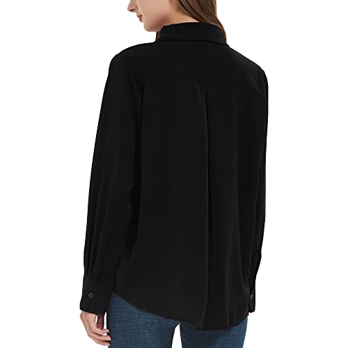 Spring Seaon Women's Button Down Shirts Causal Collared Blouses Work Office Long Sleeve Chiffon Blouse For Ladies Dark Black #TOP2