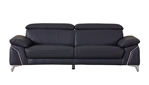 Blackjack Furniture Naples Italian Leather Large Adjustable Headrests, Integrated Lumbar Cushions, Brazilian Wood Frame and Stainless Steel Legs, 3 Seater Couch for Living Room, Sofa, 88", Navy
