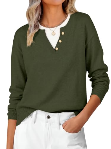 Image of ANRABESS Sweaters for Women 2026 Fall Long Sleeve Lightweight Pullover Tops | 2 in 1 Faux Layer Crew Neck, Cozy Soft Skin Friendly Button Sweater Tops, Business Casual Office Daily Knit Outfit for Winter