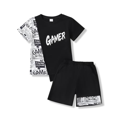 OLMRJKD 6-12Y Boys 2 Piece Outfits Short Sleeve Color Block T Shirt and Shorts Summer Clothing Sets Size 6 7