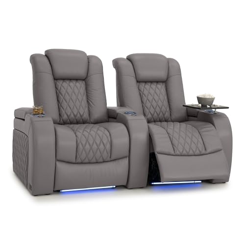 Image of Seatcraft Diamante Gray Italian Leather Home Theater Seating, Zero Gravity Power Recliner Gaming and Home Office Chair, Powered Headrest Lounge Sofa Furniture for Cinema Room, Row of 2