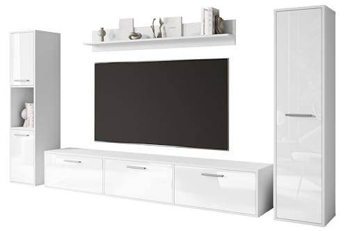 MINIO go for it - Meuble-Paroi 4 Éléments Toga, 1x Meuble TV, 2X Armoire Haute, 1x Tablette Murale - Blanc Mat/Blanc Brillant Couleur