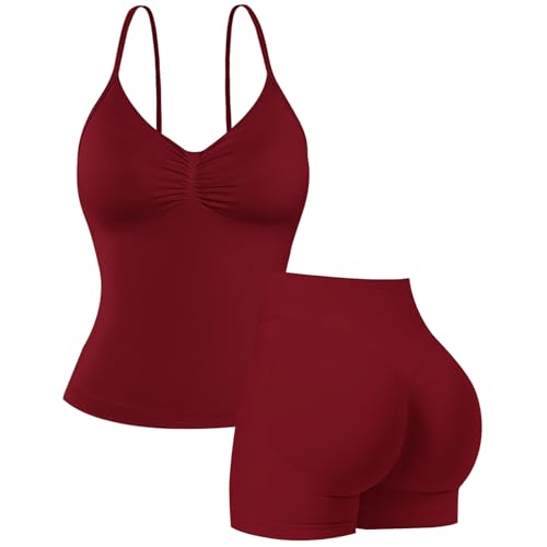 Nahtlose Fitness-Sets für Damen, 2-teilig, langes Träger-Top, Sport-BHs, versteckte Scrunch-Shorts, Yoga-Outfits, Sportbekleidung, Trainingsanzug, Scarlett Red, 38