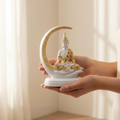 Image of ZAICUS White Buddha Idol for Home Decor | Meditating Buddha Statue on Crescent Moon | Showpiece for Living Room, Office, Temple | Spiritual Gift