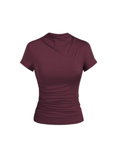 CIDER High Neck Ruched Short Sleeve Tee: Wine, XS