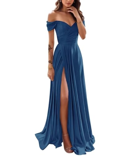 Vestido de fiesta de satén con hombros descubiertos para mujer, con abertura, plisado, largo, para dama de honor, vestido de fiesta formal, Teal, 34