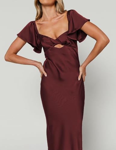 Image of Summer Satin Flutter Sleeve Wedding Guest Dresses for Women Sweetheart Neckline Cutout Tie Back Midi Cocktail Dress