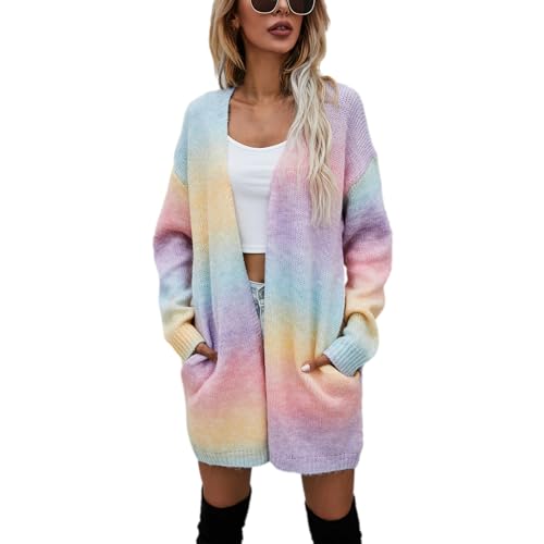 Jamron Damen Moda Tie-Dye Regenbogen Lange Strickjacke Leichtgewicht Cardigan Strickmantel SN602C226 Rosa M