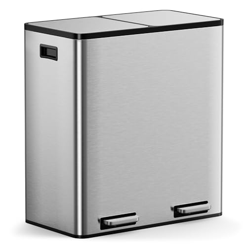 Image of VonHaus Double Recycling Bin 60L for Kitchen - Stainless Steel Recycling Bin with Two Compartments - 2 x 30L Removeable Inner Bins Dual Waste Bin with Pedal Feet - Dual Recycling Bin for Kitchen