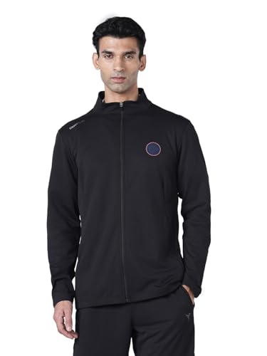 Image of TECHNOSPORT Men Solid Slim Fit Mock Neck Sports Jacket (Black) ELASTO PLUS 4-Way Stretch UPF50+ Polyester Full Zip Long Sleeve Jacket for Men Gym Running Workout Casual Athleisure