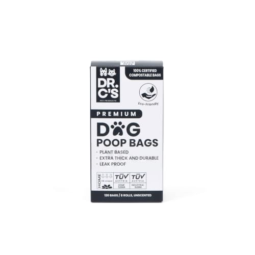 Image of 100% Certified Compostable Dog Poop Bags - Dr. C's Premium Dog Poop Bags - 120 Bags / 8 Rolls, Extra thick, Leak Proof, Unscented, Plant Based, Earth Friendly and USA Owned