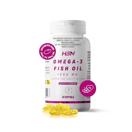 HSN Omega 3 3000mg Aceite de Pescado 540mg EPA 360mg DHA por Dosis Diaria | 30 Perlas | Con Vitamina E | Ausencia de Contaminantes y Oxidación | Sin Olor ni Sabor | No-GMO, Sin Gluten ni Lactosa