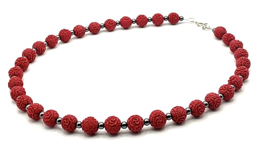 Collier avec cinabre rouge véritable, hématite et argent massif - 2