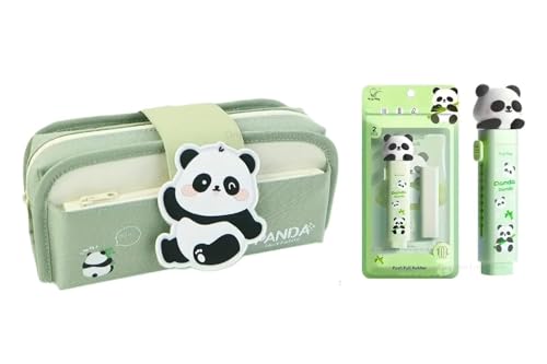 Image of Kawaii Cute Pencil Pouch with Push Pull Eraser Set for Kids,Premium Canvas Zipper Stationery Organizer Box with Cartoon Design | School Supplies Gift Combo for Boys & Girls (Green Panda + Eraser)