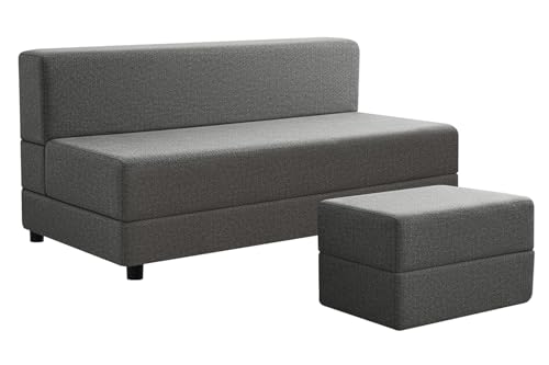 Image of 3-Seater Sofa Cum Bed with Ottoman, 5x6 Ft Folding Design in Jute Fabric, Space Saving Convertible Furniture for Living Room & Guest Use - Grey
