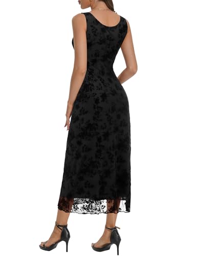 Image of Women's Sexy V Neck Sleeveless Mesh Maxi Dresses Summer Casual Elegant Long Floral Dress Wedding Guest Cocktail Party