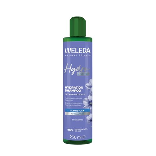 WELEDA Champú hidratante Bio Hydra Shine con ácido hialurónico y aroma afrutado floral para cabello brillante, cosmética natural, champú sin silicona para cabello normal/seco (vegano, 250 ml)