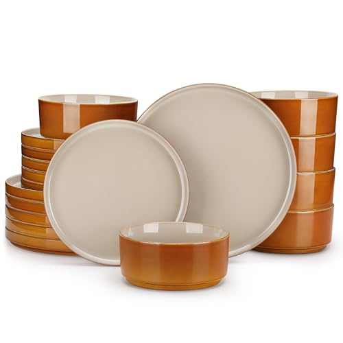 Image of vancasso ONION Ceramic Plates and Bowls Sets, 18 Pieces Grey Dinnerware Sets for Kitchen, Reactive Glaze Dishes Set for 6, Dishwasher and Microwave Safe