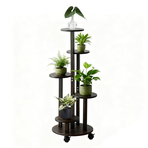 5 Tier Plant Stand Indoor Wood Shelf Corner Rack with Wheels, Dark brown