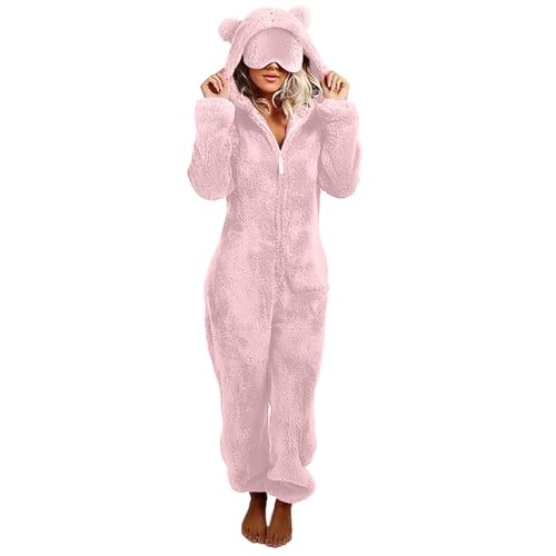 Hooded with Ear Pajamas for Women Solid Flannel Jumpsuit Pajama with Pocket Fashion Comfort Warm Fleece Sleepwear