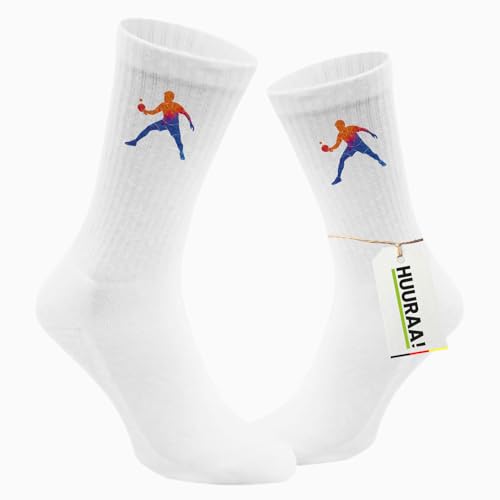 Huuraa Unisex Socken Tischtennis bunte Silhouette 42/46 White Baumwolle Tennissocken Geschenkidee