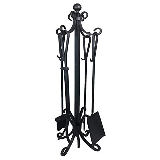 Fireplace Toolset – 5 Piece Fireplace Toolset – Strong Cast Iron Toolset – Accessories include Tong, Shovel, Base, Poker and Brush – Sturdy well balanced Stand to hold all Tools and Accessories