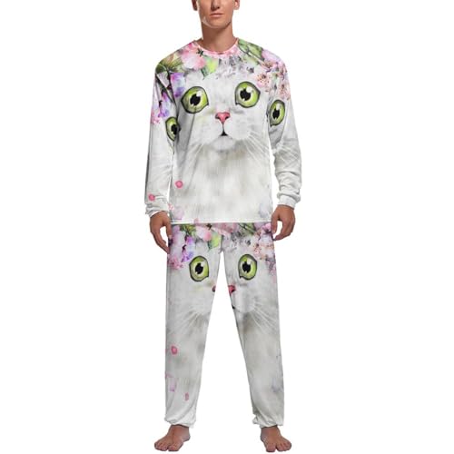 Pyjama homme haut et bas fini les nuits fraîches avec le motif chat blanc