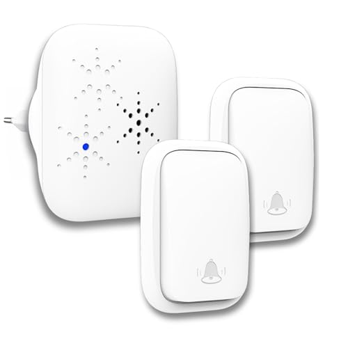 Timbre Inalámbrico Exterior Impermeable con Enchufe EU Integrado. Timbre Puerta con Alcance 150m, 38 Melodías, 4 Niveles de Volumen e Indicador LED. (1 Receptor + 2 Transmisores)