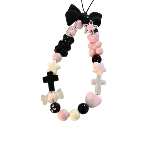 1 PCS Coquette Bow Phone Charm - Pink and Black Beaded Phone Wrist Strap, E-Girl Aesthetic Phone Lanyard Wristlet, Cute Gummy Bear & Cross Phone Keychain Accessory for Teens and Women-image-18