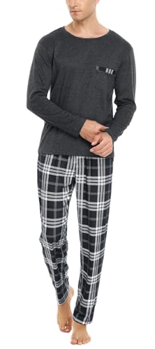 Sykooria Men's Pajamas Set Long Sleeve Cotton Plaid Loungewear Cozy Striped Sleepwear with Pockets 2 Piece Comfy Pjs Set4
