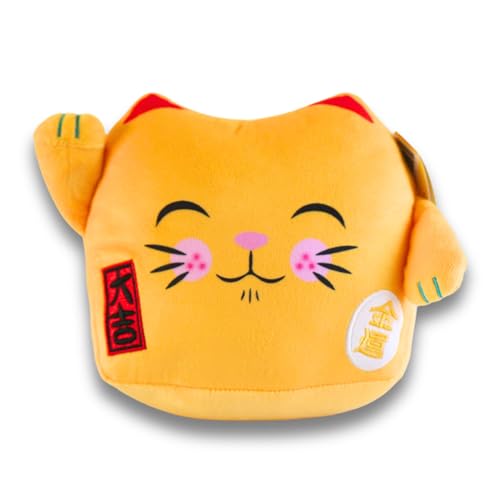 Lucky Cat Official 8' Plush, Cute Stuffed Animal Maneki Neko Anime Plush Waving Cat, Gold Color Cat Plush, Plushie Lucky Cat Waving Arm Stuffies. Japanese Decor Kawaii Plushies.