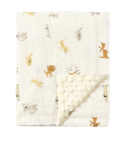 Image of CREVENT Organic Muslin Cotton Baby Blanket for Newborns, Soft Mink Backing, Essential for Baby Shower Birthday Gift - Animal 75X100cm