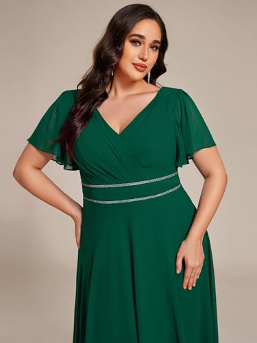 Image of Ever-Pretty Plus Women's Chiffon V-Neck Beading Ruffles Sleeves Maxi High Low Plus Size Formal Dresses