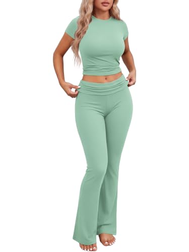 Image of Ekouaer Womens Pajama Set Short Sleeve Crop Top Foldover Flare Pants | Soft Comfy Stretchy, Summer Wear Fall Layer, High Waist Fold Waistband For Loungewear Yoga Daily Casual Wear
