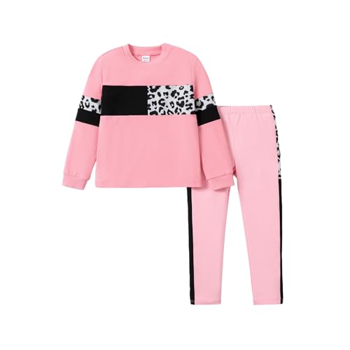 Image of PATPAT Girls Clothes Size 7-8 Years, Girls Fall Outfits, Pink Leopard Color Block Sweatshirts + Pink Legggings 2 Piece Outfits Kids Clothing Sets Sweat Suit Tracksuit Set