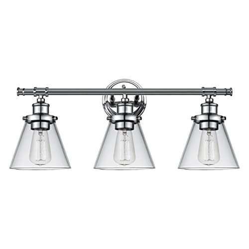 Image of Globe Electric 51445 Parker 3-Light Vanity Light, Chrome, Clear Glass Shades, Bulb Not Included