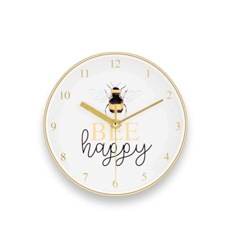 Bargain Lovers BUMBLE BEE Round Wall Clock | Polished Yellow Gold Effect Be Happy | Easy to read | Silent Non Ticking | 12 inch | 30cm