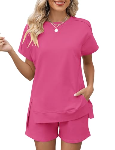 Image of LOMON Womens Fashion 2 Piece Outfits Sweatsuits 2026 Summer Short Sleeve Loungewear Tracksuit Round Neck Lounge Shorts Sets