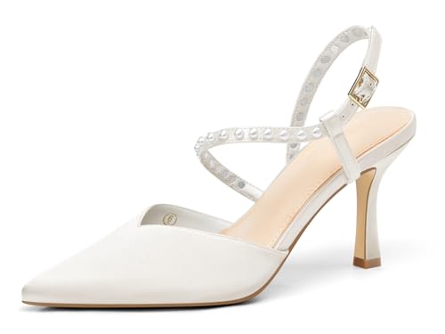 Coutgo Womens Pearl High Heels Closed Pointed Toe Wedding Bride Dress Shoes Ankle Strap Satin Pumps